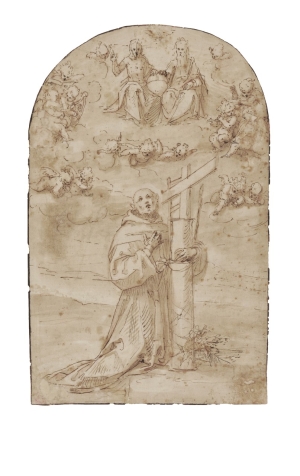 Γκουλιέλμο Κάτσια (Μονκάλβο) «Ο άγιος Diego de Alcala σε έκσταση με την Αγία Τριάδα και σύμβολα του πάθους», σχέδιο σε χαρτί. Από τον κατάλογο της έκθεσης «Στα άδυτα της Εθνικής Πινακοθήκης. Άγνωστοι θησαυροί από τις συλλογές της», 20/10/2011-8/1/2012.