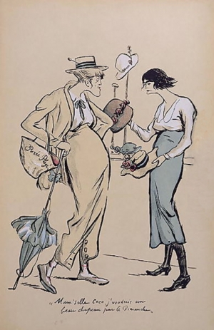 Η Κοκό Σανέλ στο δικό της καπελάδικο. Καρικατούρα του Sem (ψευδώνυμο του Georges Goursat), που δημοσιεύθηκε το 1919. Από το λεύκωμα Le grand monde à l&#039;envers.