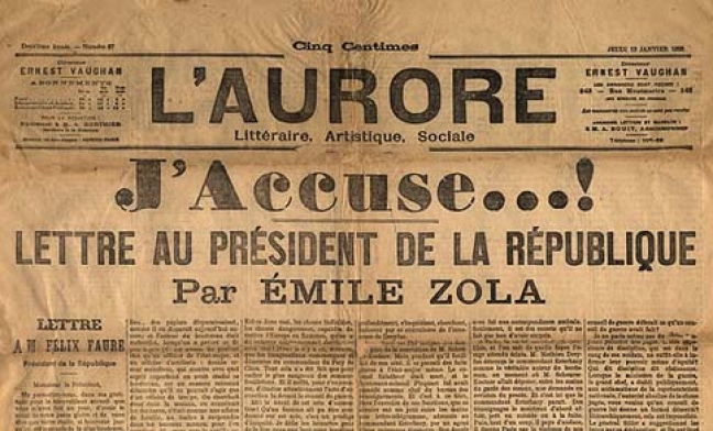 H πρώτη σελίδα της εφημερίδας L'Aurore, της 13ης Ιανουαρίου 1898, με το παρεμβατικό Κατηγορώ του Εμίλ Ζολά, υπέρ του Ντρέυφους.