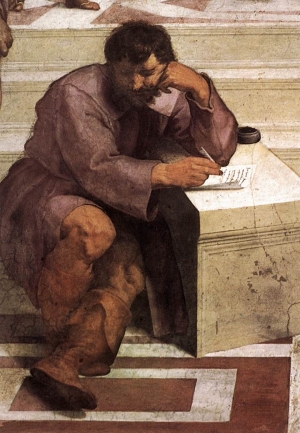 Ο Ηράκλειτος, όπως απεικονίζεται από τον Ραφαήλ σε λεπτομέρεια της Σχολής των Αθηνών, 1511. 