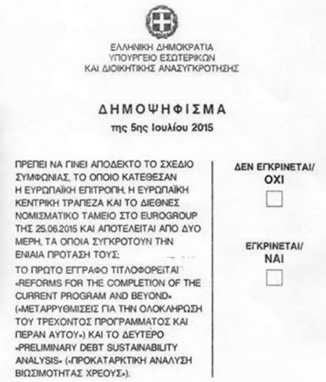 Το ψηφοδέλτιο του δημοψηφίσματος. Προβληματικό ως προς τη σαφήνεια της ερώτησης, προβληματικό επειδή θέτει το Όχι πριν από το Ναι αντιστρέφοντας τις ιεραρχήσεις της ελληνικής γλώσσας.