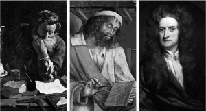 Απεικονίσεις του Αρχιμήδη (από τον Domenico Fetti), του Ευκλείδη (από τον Justus of Ghent) και του Νεύτωνα (από τον Sir Godfrey Kneller). Τρεις σπουδαίες προσωπικότητες της κουλτούρας των θετικών επιστημών.  