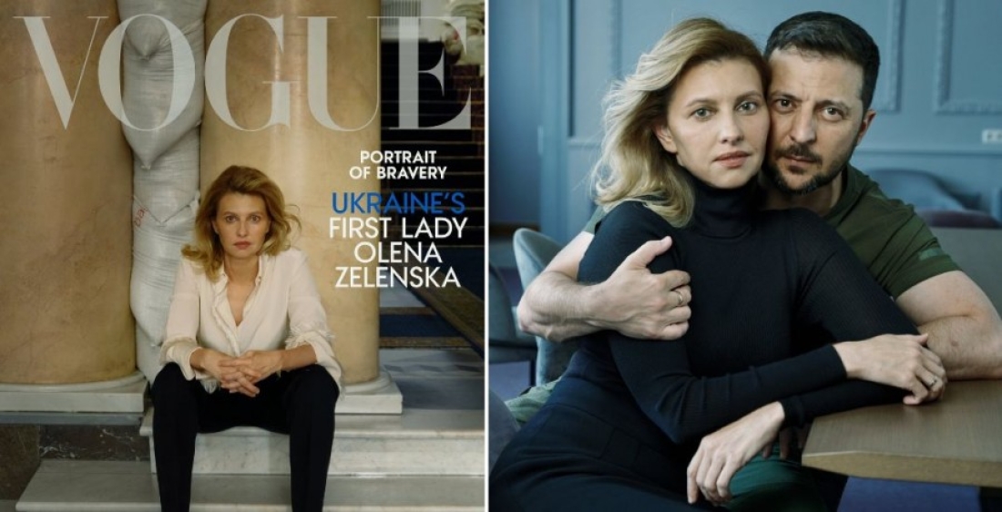H Όλενα Ζελένσκα, σύζυγος του ουκρανού προέδρου Βολοντίμιρ Ζελένσκι, φωτογραφήθηκε από την Άνι Λίμποβιτς για το εξώφυλλο της &quot;Vogue&quot; και, στις εσωτερικές σελίδες, με τον σύζυγό της. Η φωτογραφία που χρησιμοποιήθηκε στο εξώφυλλο είναι κροπαρισμένη από γενική λήψη, στην οποία φαίνονται τα σακιά με άμμο με τα οποία είναι οχυρωμενο το προεδρικό μέγαρο της Ουκρανίας. 