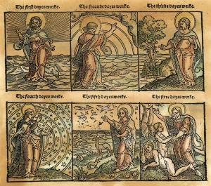 Οι έξι μέρες της δημιουργίας. Ξυλογραφία από Το Βιβλίο της Γενέσεως όπως τυπώθηκε το 1535 στην Coverdale Bible, που είναι η πρώτη πλήρης έκδοση της Βίβλου στα αγγλικά.  