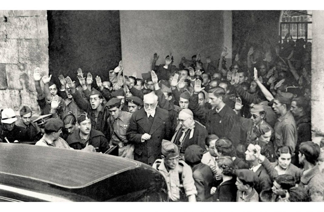 12 &Omicron;&kappa;&tau;&omega;&beta;&rho;ί&omicron;&upsilon; 1936, &Pi;&alpha;&nu;&epsilon;&pi;&iota;&sigma;&tau;ή&mu;&iota;&omicron; &tau;&eta;&sigmaf; &Sigma;&alpha;&lambda;&alpha;&mu;ά&nu;&kappa;&alpha;. &Omicron; &phi;&rho;&alpha;&nu;&kappa;&iota;&kappa;ό&sigmaf; &sigma;&tau;&rho;&alpha;&tau;&eta;&gamma;ό&sigmaf; &Chi;&omicron;&sigma;έ &Mu;&iota;&lambda;ά&nu; &Alpha;&sigma;&tau;&rho;ά&iota; έ&chi;&epsilon;&iota; &epsilon;&kappa;&sigma;&tau;&omicron;&mu;ί&sigma;&epsilon;&iota; &tau;&omicron; &sigma;ύ&nu;&theta;&eta;&mu;&alpha; &pi;&omicron;&upsilon; έ&gamma;&iota;&nu;&epsilon; &tau;&alpha;&upsilon;&tau;ό&sigma;&eta;&mu;&omicron; &tau;&omicron;&upsilon; &iota;&sigma;&pi;&alpha;&nu;&iota;&kappa;&omicron;ύ &phi;&alpha;&sigma;&iota;&sigma;&mu;&omicron;ύ: &laquo;Viva la Muerte&raquo;, &kappa;&alpha;&iota; &omicron; &pi;&rho;ύ&tau;&alpha;&nu;&eta;&sigmaf; &Mu;&iota;&gamma;&kappa;έ&lambda; &nu;&tau;&epsilon; &Omicron;&upsilon;&nu;&alpha;&mu;&omicron;ύ&nu;&omicron; (&sigma;&tau;&omicron; &kappa;έ&nu;&tau;&rho;&omicron;), &alpha;&pi;&omicron;&gamma;&omicron;&eta;&tau;&epsilon;&upsilon;&mu;έ&nu;&omicron;&sigmaf;, &alpha;&pi;&omicron;&chi;&omega;&rho;&epsilon;ί.  
