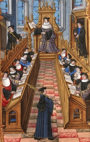 Συνάντηση γιατρών στο Πανεπιστήμιο του Παρισιού, εικόνα από χειρόγραφο του 16ου αιώνα. Το συγκεκριμένο Πανεπιστήμιο ήταν ανάμεσα στα πρώτα που ιδρύθηκαν τον ενδέκατο αιώνα, και ήδη από τον δωδέκατο η πανεπιστημιακή κοινότητα διεκδίκησε την αυτονομία της ως κέντρο πνευματικής  εξουσίας απέναντι στην κοσμική εξουσία και σε αυτήν του αυτοκράτορα.  