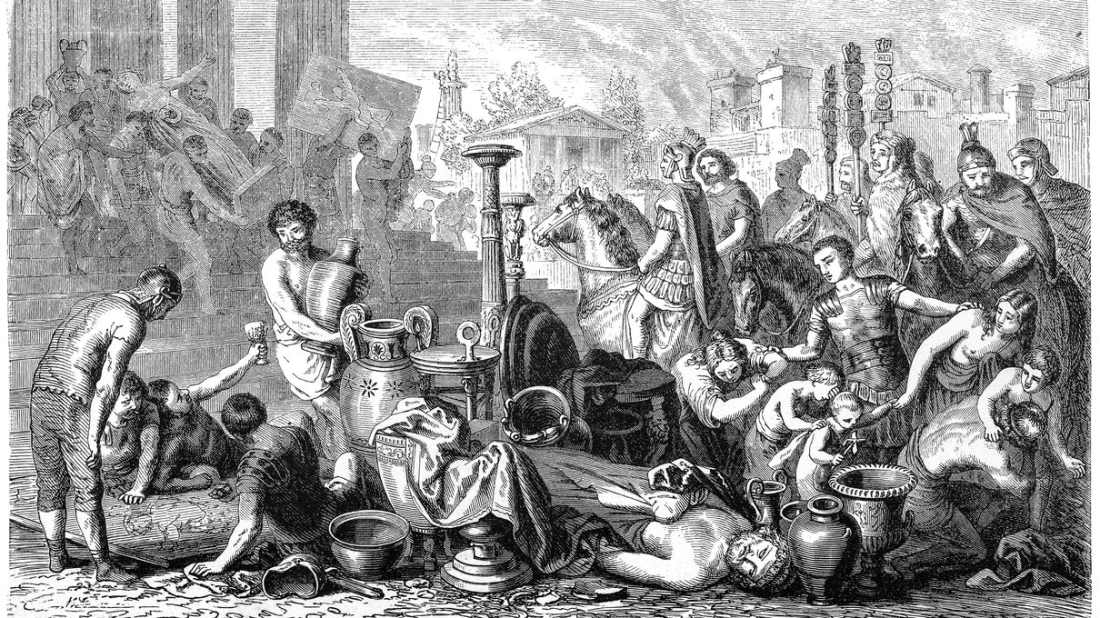 H καταστροφή της Αθήνας από τον Σύλλα, χαρακτικό άγνωστου ζωγράφου. Ο Λεύκιος Κορνήλιος Σύλλας πολιόρκησε τον Πειραιά και την Αθήνα το 86 π.Χ. Οι πόλεις καταλήφθηκαν από τους Ρωμαίους την 1η Μαρτίου εκείνης της χρονιάς και λεηλατήθηκαν.    