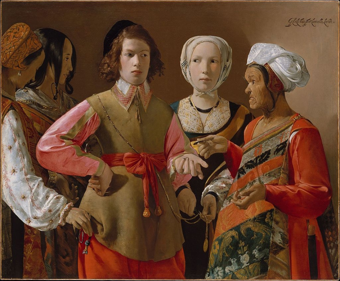Georges de La Tour, Τσιγγάνα που λέει τη μοίρα, λάδι σε καμβά, 1635. Το ενδιαφέρον του έργου είναι η μορφή της Τσιγγάνας αλλά και το ξάφρισμα τιμαλφών από τους ομοεθνείς της, την ώρα που ο άπειρος από τη ζωή νεαρός ευγενής αφήνεται απερίσπαστος στις προφητείες της.  