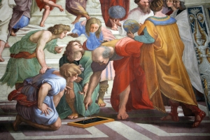 O Πτολεμαίος και ο Στράβων, λεπτομέρεια από τη Σχολή των Αθηνών του Ραφαήλ.  