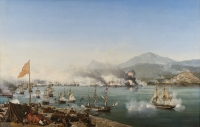 Ambroise Louis Garneray, Η ναυμαχία του Ναυαρίνου, λάδι σε καμβά (1827). Κατά τον Γιάννη Βούλγαρη, η γένεση του ελληνικού κράτους, «προήλθε από τον συνδυασμό της εσωτερικής Επανάστασης 1821-1828 και της επέμβασης των Μεγάλων Δυνάμεων για λόγους δικού τους ανταγωνισμού», πράγμα που σημαίνει ότι «η Γεωπολιτική και οι Πόλεμοι είχαν μεγαλύτερη ίσως διαμορφωτική επίδραση από όσο ο άλλος μεγάλος κινητήρας της νεωτερικότητας, ο Καπιταλισμός ή η “οικονομία της αγοράς”».  