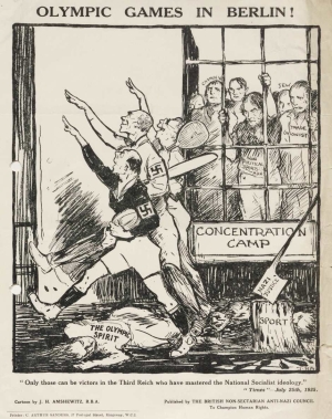 Αντιδημοφιλής πολιτική γελοιογραφία του 1935, ενόψει της διοργάνωσης των Ολυμπιακών αγώνων από το Βερολίνο το 1936, που σχεδίασε ο βρετανός εβραίος ζωγράφος και εικονογράφος John Henry Amshewitz. Ναζί αθλητές ποδοπατούν το ολυμπιακό πνεύμα ενώ παρελαύνουν μπροστά από ένα στρατόπεδο συγκέντρωσης όπου, μεταξύ άλλων, κρατούνται εβραίοι και ένας «μη πολιτικός αθλητής». Στη βάση της γελοιογραφίας, το τσεκούρι της «ναζιστικής δικαιοσύνης» κόβει το δέντρο του αθλητισμού. Η γελοιογραφία κυκλοφόρησε ως αφίσα το 1935 στη Βρετανία με πρωτοβουλία του Βρετανικού Μη Σεχταριστικού Αντιναζιστικού Συμβουλίου (British Non-Sectarian Anti-Nazi Council).