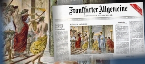 Η πρώτη σελίδα της γερμανικής εφημερίδας «Frankfurter Allgemeine», φύλλο της 31/12/2013, που τιτλοφορεί το βασικό πρωτοσέλιδο σχόλιό της για την ελληνική Προεδρία: «Kalimera, kalinichta». Το σχόλιο συνοδεύεται από το «Συμπόσιο του Πλάτωνα», στην αναπαράσταση του Γερμανού ζωγράφου Άνσελμ Φόυερμπαχ.