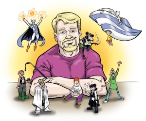 Αυτοπροσωπογραφία του Ριτς Κοσλόφσκι, που περιστοιχίζεται από δικούς του χαρακτήρες των κόμικς.