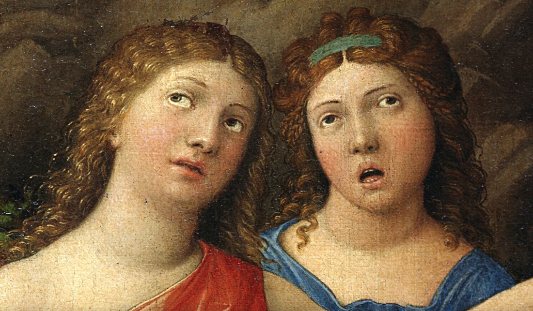 &Delta;&upsilon;&omicron; &kappa;&omicron;&rho;ί&tau;&sigma;&iota;&alpha;, &lambda;&epsilon;&pi;&tau;&omicron;&mu;έ&rho;&epsilon;&iota;&alpha; &alpha;&pi;ό &tau;&omicron; έ&rho;&gamma;&omicron; &Pi;&alpha;&rho;&nu;&alpha;&sigma;&sigma;ό&sigmaf; &tau;&omicron;&upsilon; Andrea Mantegna (1497, Tέ&mu;&pi;&epsilon;&rho;&alpha; &kappa;&alpha;&iota; &chi;&rho;&upsilon;&sigma;ό &sigma;&epsilon; &kappa;&alpha;&mu;&beta;ά). &laquo;&Omicron;&iota; &beta;ό&sigma;&tau;&rho;&upsilon;&chi;&omicron;&iota; (&sigma;&tau;&omicron; ύ&phi;&omicron;&sigmaf; &tau;&omicron;&upsilon; &Mu;&alpha;&nu;&tau;έ&nu;&iota;&alpha;) / &alpha;&nu;&epsilon;&mu;ό&sigma;&kappa;&alpha;&lambda;&alpha;&nbsp; &mu;&alpha;&lambda;&alpha;&mu;&alpha;&tau;έ&nu;&iota;&alpha; / &pi;&omicron;&upsilon; &omicron;&delta;&eta;&gamma;&epsilon;ί &sigma;&tau;&alpha; &beta;ά&theta;&eta; &tau;&eta;&sigmaf; &alpha;&beta;ύ&sigma;&sigma;&omicron;&upsilon;, / &pi;έ&rho;&alpha; &alpha;&pi;&rsquo; &tau;&alpha; &phi;&upsilon;&lambda;&lambda;ώ&mu;&alpha;&tau;&alpha; &tau;&omicron;&upsilon; &Pi;&alpha;&rho;&alpha;&delta;&epsilon;ί&sigma;&omicron;&upsilon;&raquo;.  &nbsp;  