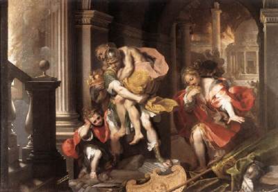 Federico Barocci, &Omicron; &Alpha;&iota;&nu;&epsilon;ί&alpha;&sigmaf; &phi;&epsilon;ύ&gamma;&epsilon;&iota; &alpha;&pi;ό &tau;&eta; &phi;&lambda;&epsilon;&gamma;ό&mu;&epsilon;&nu;&eta; &Tau;&rho;&omicron;ί&alpha;, &lambda;ά&delta;&iota; &sigma;&epsilon; &kappa;&alpha;&mu;&beta;ά, 1598.