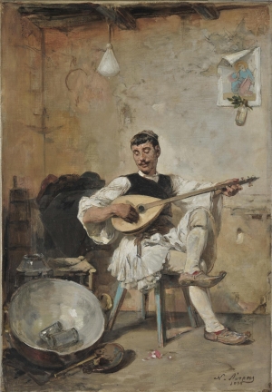 Νικηφόρος Λύτρας, Γαλατάς σε ώρα ανάπαυσης, 1895, λάδι σε καμβά, 53x37 εκ. Μια από τις δημοφιλείς αναπαραστάσεις του 19ου αιώνα που δείχνει την εκτέλεση τραγουδιών στην καθημερινότητα των Ελλήνων.  