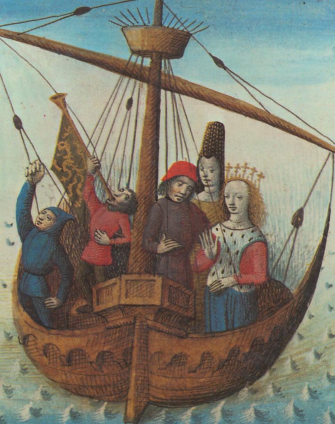 O Τριστάνος και η Ιζόλδη εν πλω προς την Κορνουάλη. Μικρογραφία του 15ου αιώνα από τον Évrard d&#039;Espinques.     