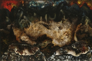 David Alfaro Siqueiros, Ομαδική Αυτοκτονία (Collective Suicide), 1936, λάκα σε ξύλο με εφαρμοσμένες διατομές, 124,5 x 182,9 εκ.     