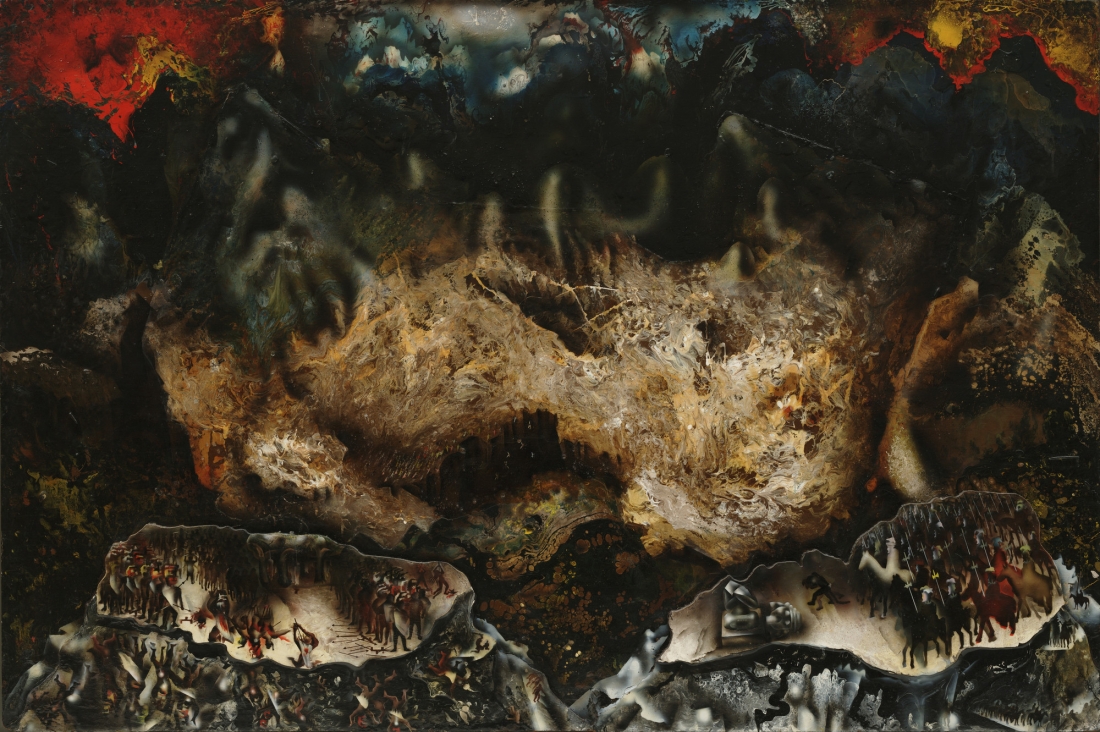 David Alfaro Siqueiros, Ομαδική Αυτοκτονία (Collective Suicide), 1936, λάκα σε ξύλο με εφαρμοσμένες διατομές, 124,5 x 182,9 εκ.     