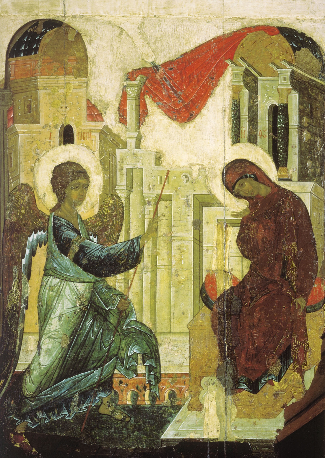 Αντρέι Ρουμπλιώφ, Ευαγγελισμός της Θεοτόκου, 1408, 125 × 94 εκ.  Στην αναπαράσταση του σπουδαίου ρώσου ζωγράφου, ο αρχάγγελος δεν κρατά κρίνο, όπως έχει κυριαρχήσει στις αναπαραστάσεις της ανατολικής εικονογραφίας, αλλά ραβδί, που είναι σύμβολο αγγελιοφόρου.   