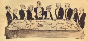 Γελοιογραφία των Derso και Kelén με θέμα της την υπογραφή της Συνθήκης της Λωζάννης, στις 24 Ιουλίου 1923. Μεταξύ άλλων διακρίνονται (τρίτος από αριστερά) ο βρετανός υπουργός Εξωτερικών λόρδος Τζορτζ Κέρζον που, κατά τη στιχουργική του Χεμινγουέι, «γουστάρει τ’ αγοράκια» και ο Ελευθέριος Βενιζέλος (τρίτος από δεξιά) που «είναι πανούργος. Είναι ολοφάνερο. Το γενάκι του τα λέει όλα».  