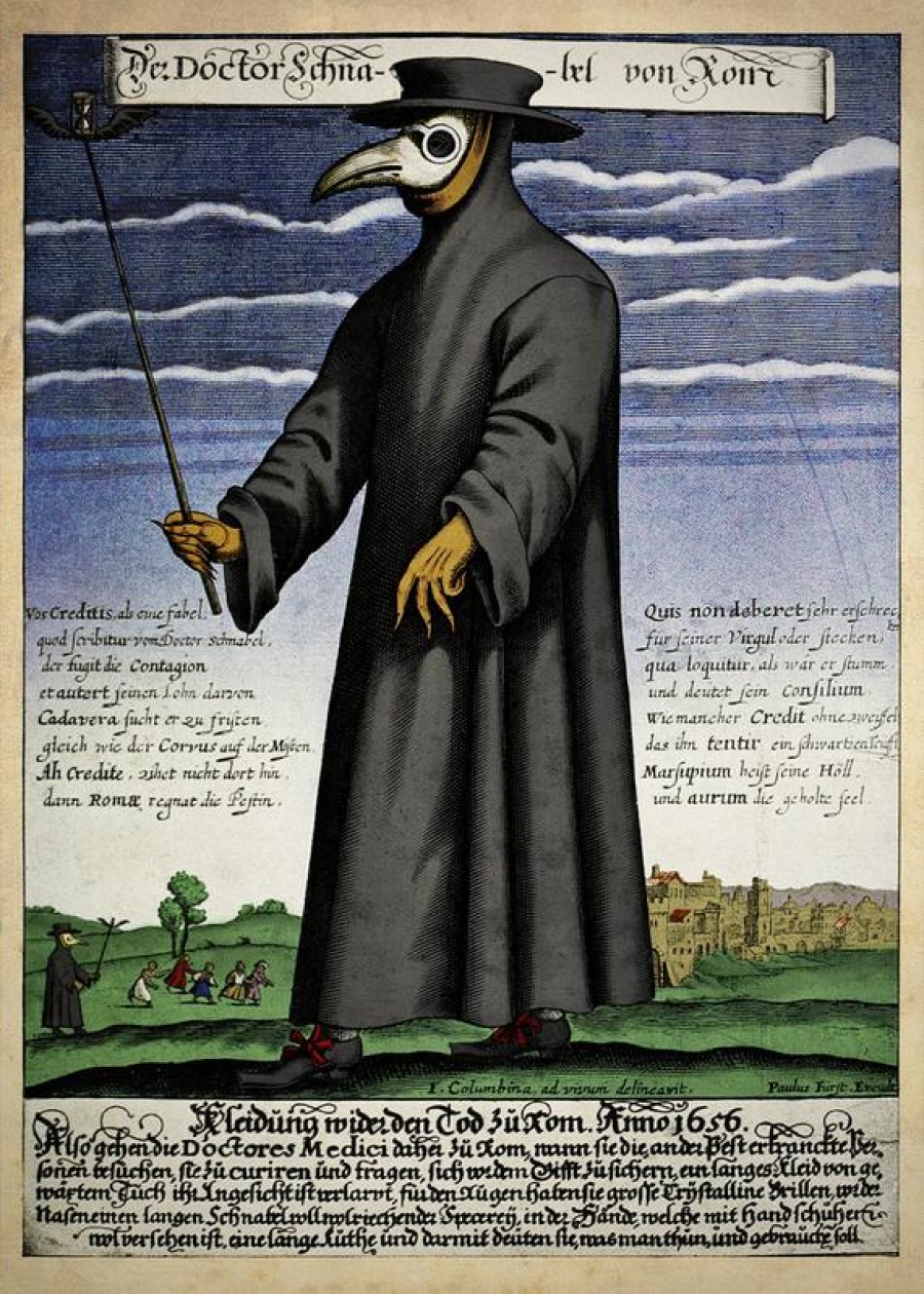 Ο ιατρός Σνάμπελ (ή δρ. Μπηκ) της Ρώμης. Έγχρωμη εκδοχή χαλκογραφίας του Paul Fürst (μετέπειτα J. Columbina), που συνοδεύει μακαρονικό ποίημα, 1656. Η ενδυμασία που απεικονίζεται (μάτια καλυμμένα με γυαλιά, μάσκα με ραμφοειδή μύτη γεμάτη αρωματική ουσία, στολή) χρησίμευε κατά την άποψη των ιατρών της εποχής εκείνης στην προστασία από την επιδημία της πανούκλας. Μακαρονικά ποιήματα είναι ελαφρές συνθέσεις που χρησιμοποιούν μακαρονισμούς, επιτηδευμένα λόγιες λέξεις, κατά το μάλλον αδόκιμες, συνήθως λατινικούς όρους, ανάμεικτες με λέξεις και εκφράσεις της καθημερινότητας.    