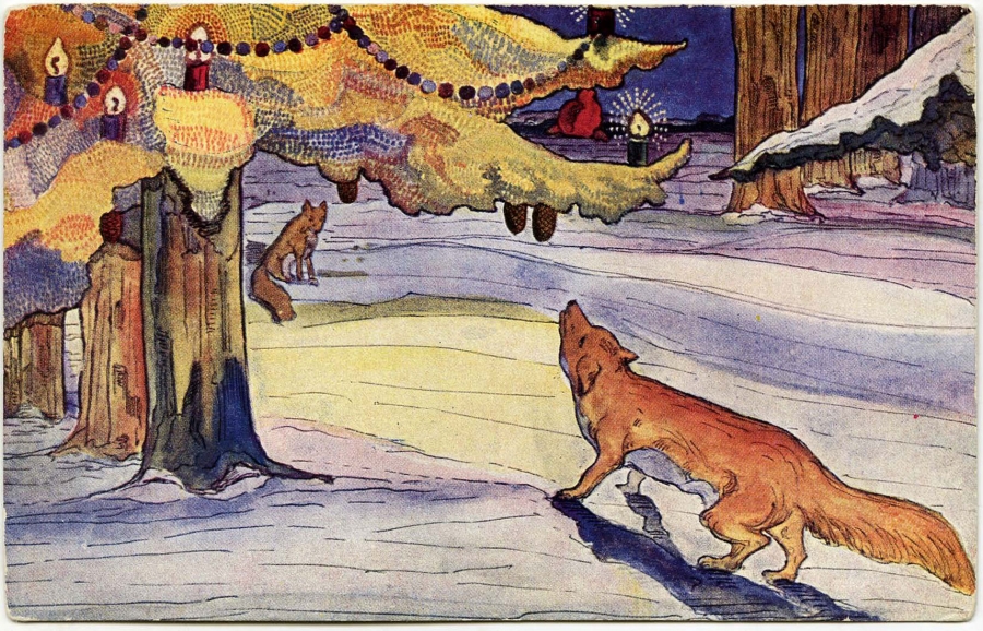 Αλεπούδες γύρω από το χριστουγεννιάτικο δένδρο στο δάσος,  ταχυδρομική κάρτα,  Μόσχα, έκδοση Αλεξέι  Τζένεραλ (περ.1914 έως 1917), 8,7х13,7 εκ.