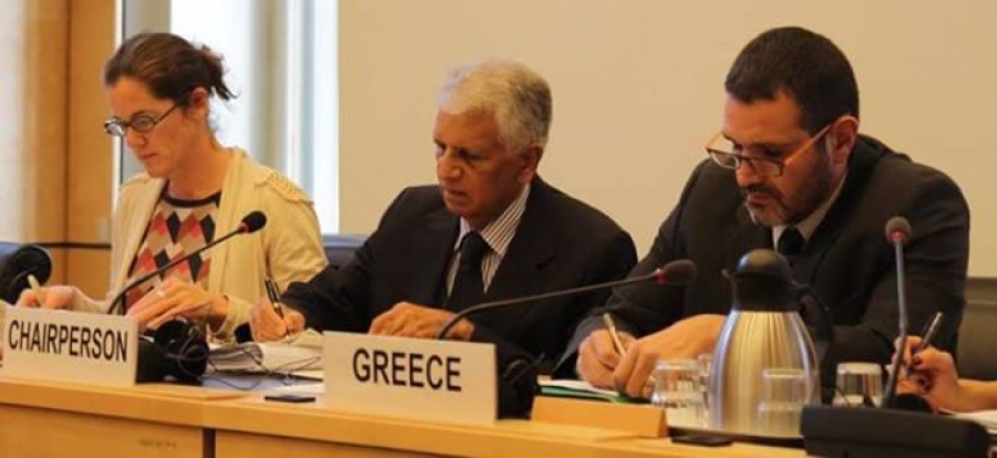 Ο γενικός γραμματέας Ανθρώπινων Δικαιωμάτων Κωστής Παπαϊωάννου (πρώτος δεξιά) στη συνεδρίαση της Επιτροπής του ΟΗΕ για τα Ατομικά και Πολιτικά Δικαιώματα.