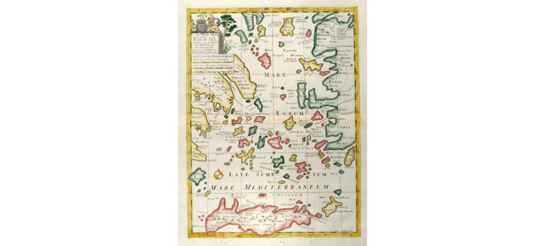 Χάρτης των νησιών του Αιγαίου, εκδόθηκε στο Λονδίνο το 1738 από τον Ε. Wells.