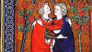 Ο Ντέιβιντ και ο Ιωνάθαν αγκαλιάζονται. Λεπτομέρεια από το μεσαιωνικό χειρόγραφο La Somme le roy, περ. 1300.