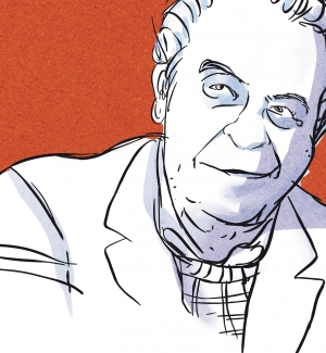 O Σταύρος Τσακυράκης από τον Αλέκο Παπαδάτο. Το πορτρέτο χρησιμοποιήθηκε για να εικονογραφήσει το εξώφυλλο του Books' Journal, τχ. 86, Μάιος 2018, στο οποίο φιλοξενήθηκε εκτεταμένη συνέντευξη του καθηγητή - η τελευταία του.