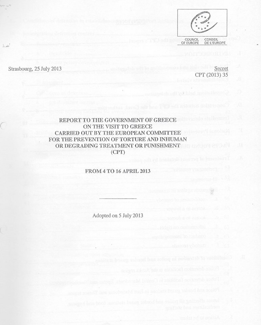 Η πρώτη σελίδα της έκθεσης που συνέταξε η Επιτροπή για την Πρόληψη των Βασανιστηρίων και της Απάνθρωπης ή Ταπεινωτικής Μεταχείρισης ή Τιμωρίας (CPT) στο Συμβούλιο της Ευρώπης. Η Ελλάδα κατηγορείται για σωρεία παραβιάσεων των ατομικών δικαιωμάτων κρατουμένων.