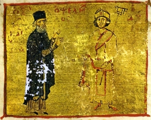Ο Μιχαήλ Ψελλός (αριστερά) με τον μαθητή του, αυτοκράτορα Μιχαήλ Ζ&#039; Δούκα Παραπινάκη, έργο αγνώστου. Κατά τον Στέλιο Ράμφο, «ο Ψελλός διεκδικούσε τον 11ο αιώνα αυτό που κερδήθηκε στην Ευρώπη τον 13ο».        