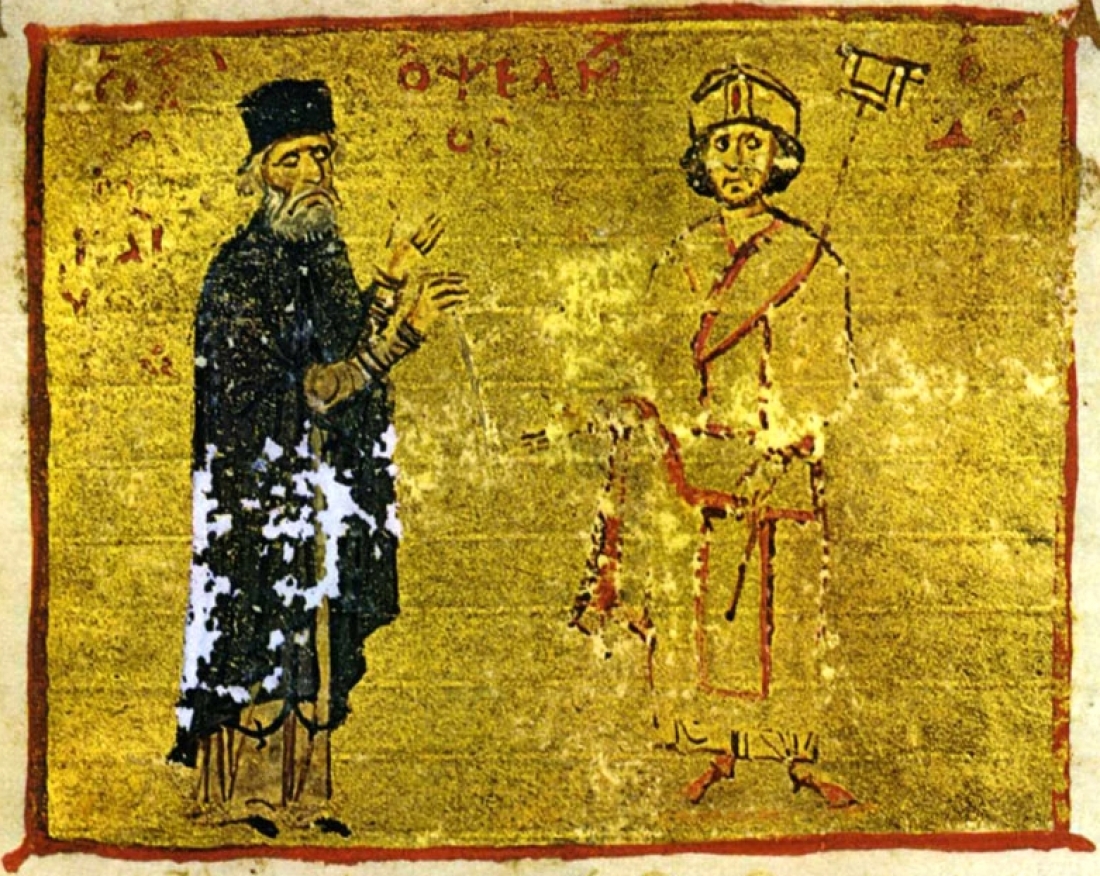 Ο Μιχαήλ Ψελλός (αριστερά) με τον μαθητή του, αυτοκράτορα Μιχαήλ Ζ' Δούκα Παραπινάκη, έργο αγνώστου. Κατά τον Στέλιο Ράμφο, «ο Ψελλός διεκδικούσε τον 11ο αιώνα αυτό που κερδήθηκε στην Ευρώπη τον 13ο».         Ο Μιχαήλ Ψελλός (αριστερά) με τον μαθητή του, αυτοκράτορα Μιχαήλ Ζ' Δούκα Παραπινάκη, έργο αγνώστου. Κατά τον Στέλιο Ράμφο, «ο Ψελλός διεκδικούσε τον 11ο αιώνα αυτό που κερδήθηκε στην Ευρώπη τον 13ο».