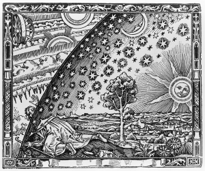 Η άγνωστου καλλιτέχνη γκραβούρα Flammarion, μια απεικόνιση του 19ου αιώνα για το Σύμπαν. Η λεζάντα στο βιβλίο όπου πρωτοτυπώθηκε (L&#039;atmosphère: météorologie Populaire, 1888, της Camille Flammarion) γράφει: «Ένας μεσαιωνικός ιεραπόστολος λέει ότι βρήκε το σημείο όπου ο Ουρανός και η Γη συναντώνται». Η εικόνα απεικονίζει έναν άνδρα να σέρνεται κάτω από την άκρη του ουρανού, που απεικονίζεται σαν να ήταν ένα συμπαγές ημισφαίριο, για να κοιτάξει το μυστηριώδες Σύμπαν πέρα απ’ αυτό.  