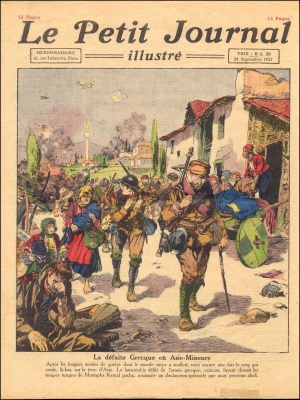 Το εξώφυλλο της γαλλικής εικονογραφημένης επιθεώρησης Le Petit Journal, τεύχος της 26ης Σεπτεμβρίου 1922, στο οποίο εικονογραφείται το τέλος της Μικρασιατικής Εκστρατείας και η Καταστροφή. 