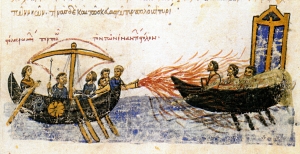 Βυζαντινοί πυρπολούν με το υγρόν πυρ πλοίο του σφετεριστή του βυζαντινού θρόνου, Θωμά του Σλάβου ή Σκλαβηνού. Έργο αγνώστου που εικονογραφεί τις σελίδες του χειρόγραφου Σκυλίτζη, έργου του 12ου αιώνα. Σε αντίθεση με τη ρωσική και την κινεζική αυτοκρατορία, η βυζαντινή υπήρξε εξ αρχής ισχυρή ναυτική δύναμη βασίζοντας την ευημερία της σε αυτή.  