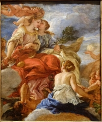 Giovanni Battista Gaulli, &Sigma;&pi;&omicron;&upsilon;&delta;ή &gamma;&iota;&alpha; &tau;&eta; &Delta;&iota;&kappa;&alpha;&iota;&omicron;&sigma;ύ&nu;&eta;, &tau;&eta;&nu; &Epsilon;&iota;&rho;ή&nu;&eta; &kappa;&alpha;&iota; &tau;&eta;&nu; &Alpha;&lambda;ή&theta;&epsilon;&iota;&alpha;, &lambda;ά&delta;&iota; &sigma;&epsilon; &kappa;&alpha;&mu;&beta;ά.