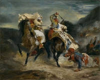 Eugène Delacroix, Η μάχη του Χασάν με τον Γκιαούρ, 1826, λάδι σε καμβά. )Ο πίνακας είναι εμπνευσμένος από το αφηγηματικό ποίημα του Μπάυρον, «Ο Γκιαούρ».