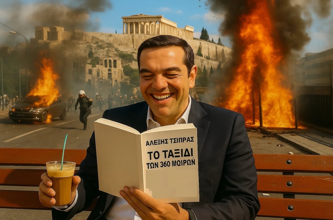Ο Αλέξης Τσίπρας διαβάζει το βιβλίο που υπογράφει. Εικόνα που παρήχθη με πρόγραμμα τεχνητής νοημοσύνης.