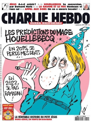 Γελοιογραφία του συγγραφέα Μισέλ Ουελμπέκ, από την πρώτη σελίδα του γαλλικού σατιρικού περιοδικού CharlieHebdo, τον περασμένο Ιανουάριο, με αφορμή την έκδοση στα γαλλικά του βιβλίου του Υποταγή, που δομείται γύρω από μια δυστοπία: την κατίσχυση του Ισλάμ επί της δυτικής κοσμικής δημοκρατίας. Το πρωτοσέλιδο αυτό, κατά πολλούς, θεωρήθηκε ένα από τα κίνητρα της δολοφονικής επίθεσης των ισλαμιστών αδελφών Κουασί κατά των γραφείων του εντύπου, που είχε τραγικό αποτέλεσμα, τη δολοφονία 12 ανθρώπων.