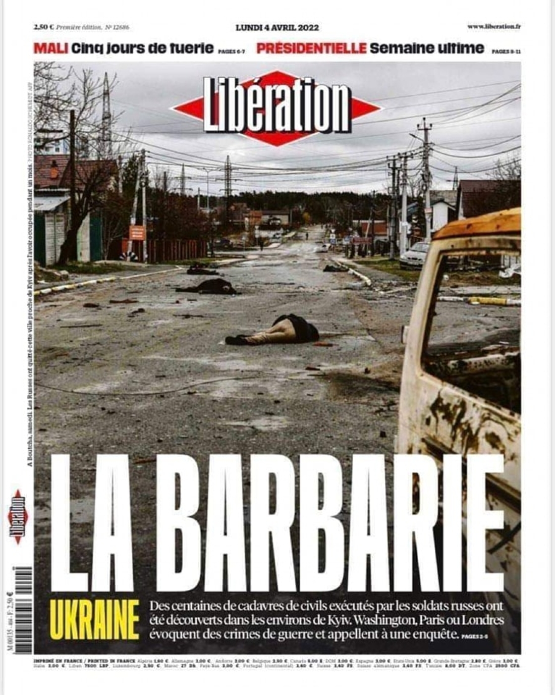 Η γαλλική Liberation σχολιάζει πρωτοσέλιδα την αιματοχυσία στην Μπούτσα της Ουκρανίας.