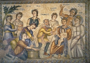 Ο Ερμής παραδίδει τον μικρό Διόνυσο στις Νύμφες και στον Τροφέα. Μωσαϊκό από την Οικία του Αιώνα, Νέα Πάφος.  