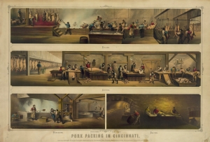 Στα σφαγεία του Σινσιννάτι. Λιθογραφία του 1873 που, σε τέσσερις εικόνες, αναπαριστά τη σφαγή, τον τεμαχισμό, το γδάρσιμο και το αλάτισμα των χοίρων.