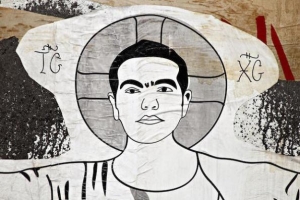 Ο Τσίπρας ως άγιος. Λεπτομέρεια από γκράφιτι του Σεπτεμβρίου 2015, που χρησιμοποιήθηκε και σε πόστερ της προεκλογικής καμπάνιας του ΣΥΡΙΖΑ.