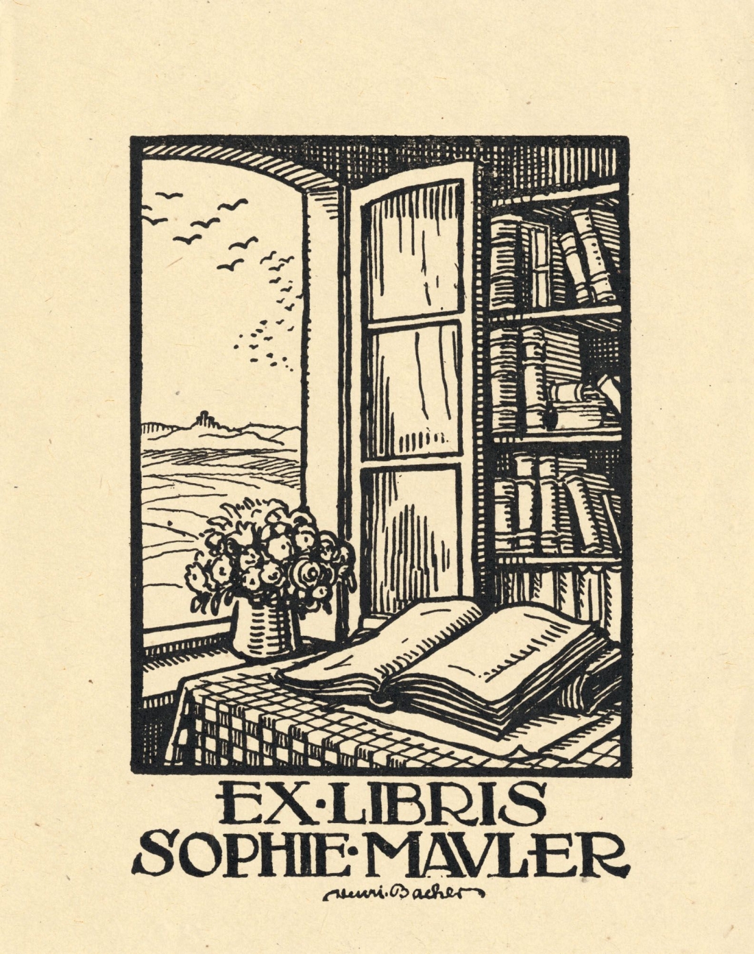 Εx Libris άγνωστου καλλιτέχνη, για τη βιβλιοθήκη της Sophie Mavler.  Tα Ex Libris (που στα λατινικά σημαίνει: από το βιβλίο του, από τη βιβλιoθήκη του), απεικονίζουν το έμβλημα του κατόχου του βιβλίου και η πρακτική χρησιμότητά τους είναι να περιορίζεται το ενδεχόμενο κλοπής ή απώλειάς του, με την επικόλλησή τους (ή το σφράγισμά τους), συνήθως στην πίσω όψη του εξωφύλλου του βιβλίου.  