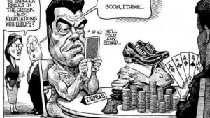 Το 2015, ο Αλέξης Τσίπρας έπαιξε στα χαρτιά τις ελπίδες των Ελλήνων. Το σκίτσο του Kevin Kallaugher δημοσιεύθηκε στον Economist την Πρωτοχρονιά, μετά την κυκλοφορία του περιοδικού μας. Τον έχουν πάρει χαμπάρι.
