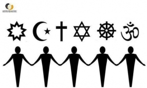 Σύμβολα θρησκειών που έχουν διαδοθεί στον σύγχρονο κόσμο (από αριστερά): Μπαχάι Πίστη, Μουσουλμανισμός, Χριστιανισμός, Ιουδαϊσμός (αβρααμικές θρησκείες), Βουδισμός και Ινδουισμός.