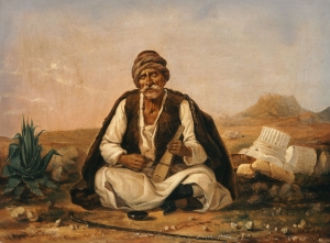 Διονύσιος Τσόκος, Γέρος αγωνιστής που παίζει λύρα, 1858, λάδι σε χαρτί, 29x40 εκ. 