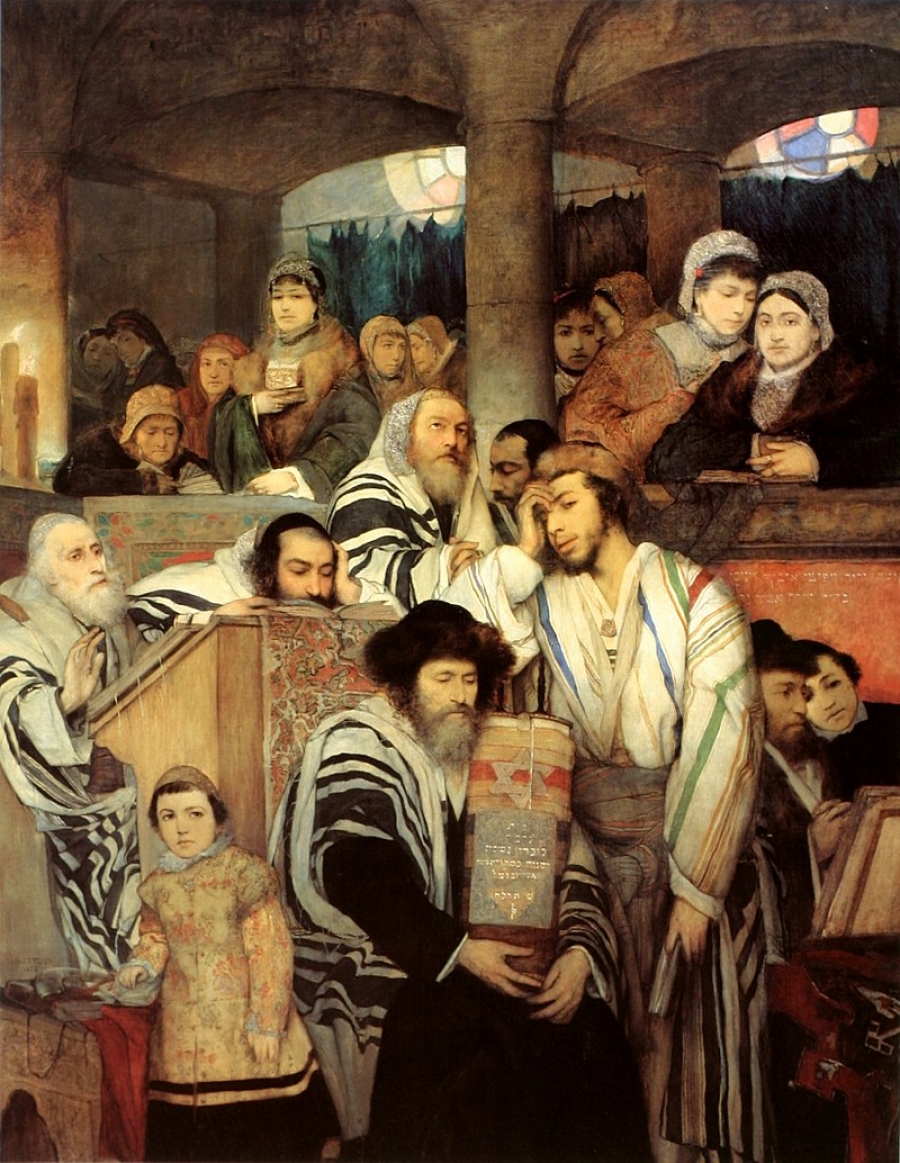 Εβραίοι που προσεύχονται σε συναγωγή κατά τη γιορτή του Γιομ Κιπούρ. Πίνακας του Μορίς Γκότλιμπ, 1878.